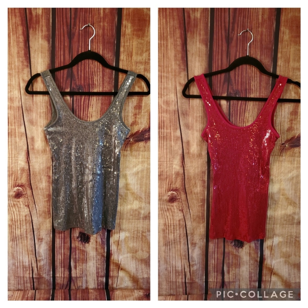 Express Sequin Tank Tops - Silver and Red